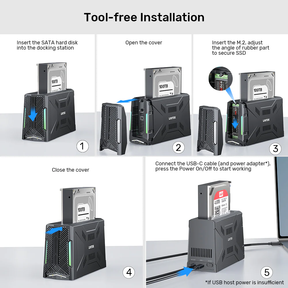 Unitek USB-C NVME/PCIe/SATA/HDD 10Gbps RGB Docking Station S1234B