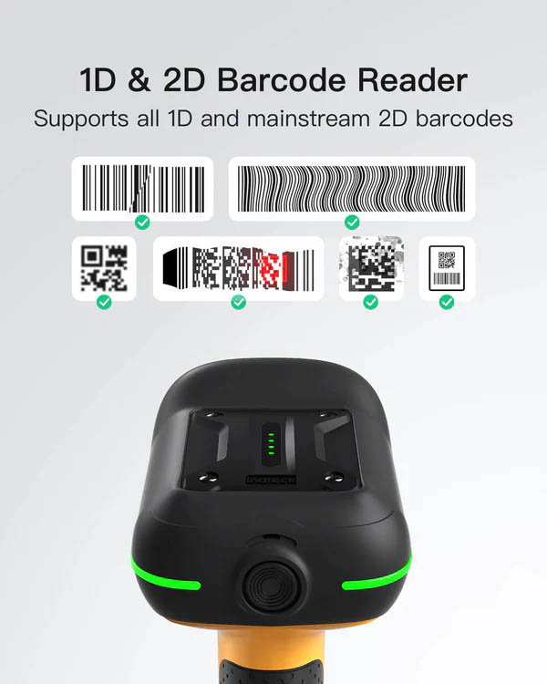 Inatech Barcode Scanner 1D/2D Wireless 2.4GHz/Bluetooth USB-A 2600mAh Smart Charging Base AI Industrial BCST-75S Black