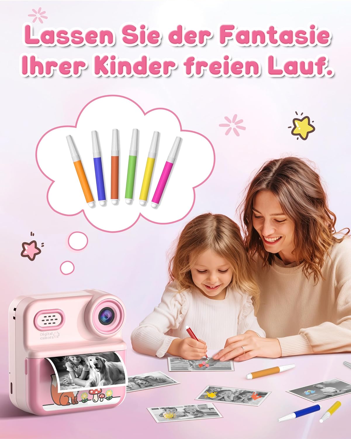 Children's Instant Camera 1080P HD 2.4 Inch Double Lens Instant Camera Children with 32GB Card and 3 Rolls of Printing Paper Children's Toy Gifts for Boys Girls 3-12 Years - Pink