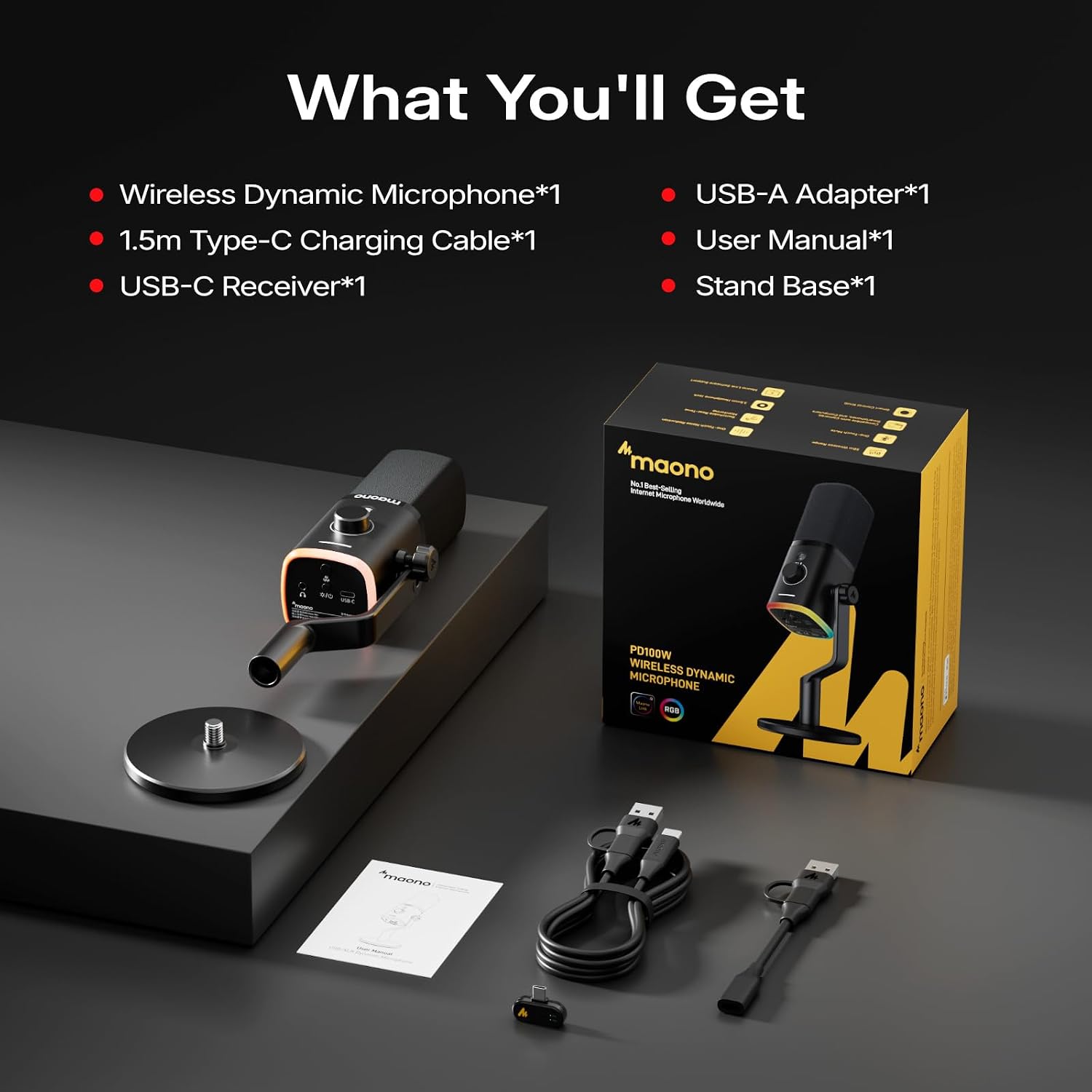 Maono Microphone Desktop Dynamic Wireless & USB-C 40Hr PD100W Black