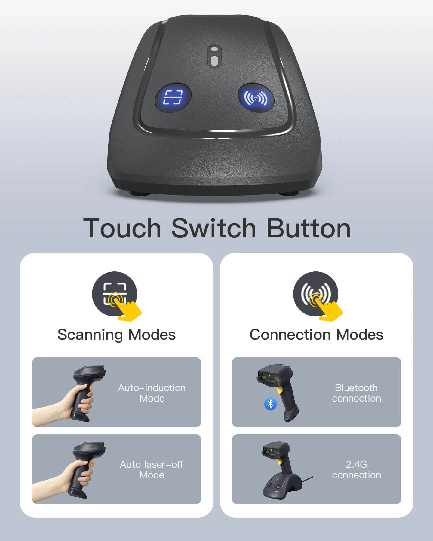 Inatech Barcode Scanner CMOS 1D/2D Wireless 2.4GHz/Bluetooth USB-A 2600mAh Smart Charging Base BCST-560B Dark Gray