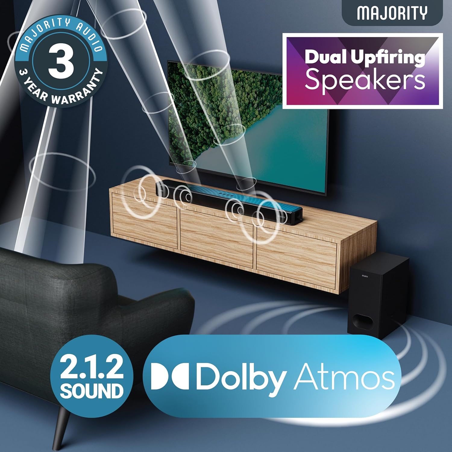 Majority SIERRA PLUS Soundbar 400W 2.1.2 Dolby Atmos Wireless Subwoofer 3xHDMI BT-USB (UK)