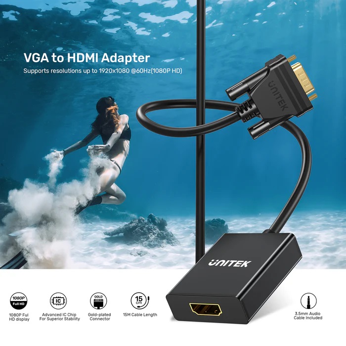 Unitek Converter VGA to HDMI Adapter w/Audio & Power Port
