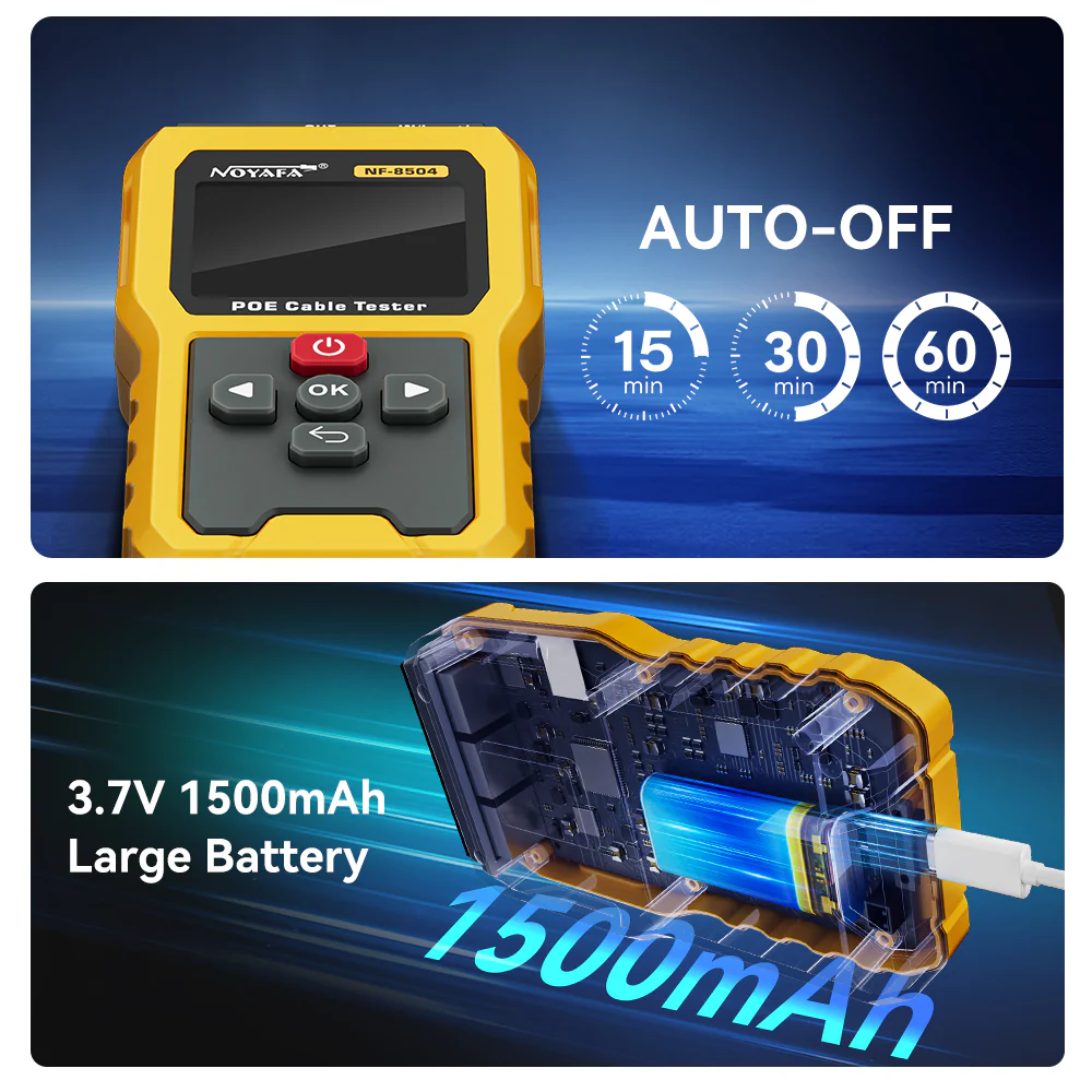 Noyafa Multi-Function Cable Tester for Continuity & Wiremap, PoE, Length Measurement, Port Flash, Color Screen & Rechargeable Battery NF-8504
