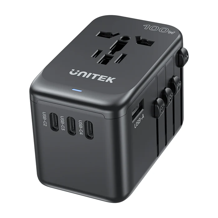 Unitek World Travel Adapter & 100W Charger EU/UK/US 4xUSBC+1xUSBA P1123ABK