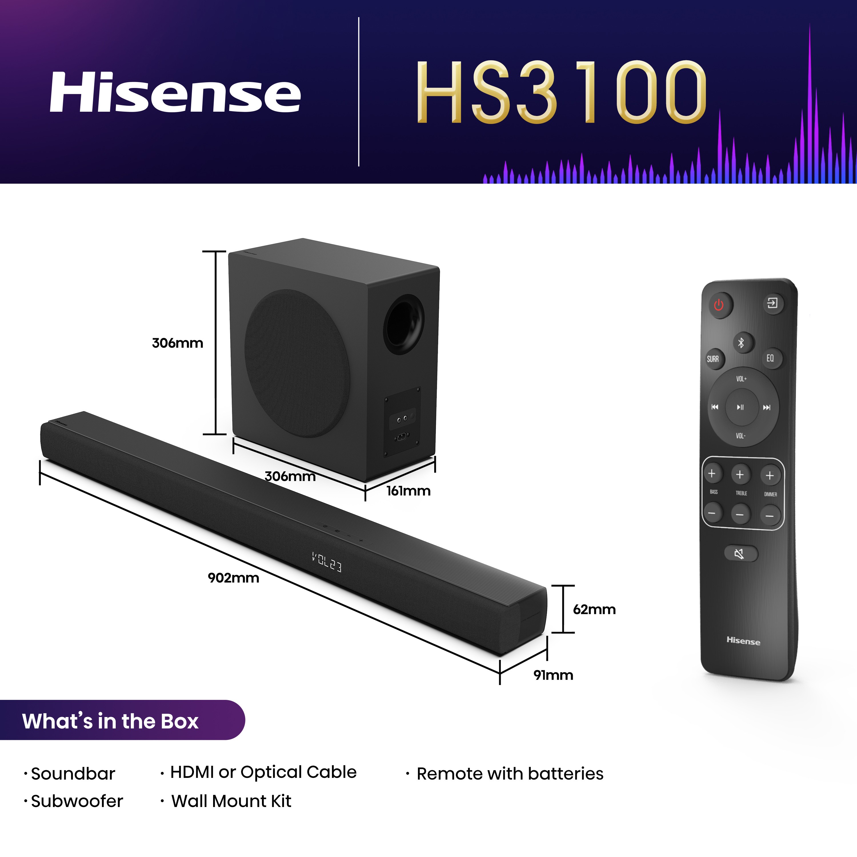Hisense Soundbar HS3100 3.1 CH 480W BT/USB/Optical