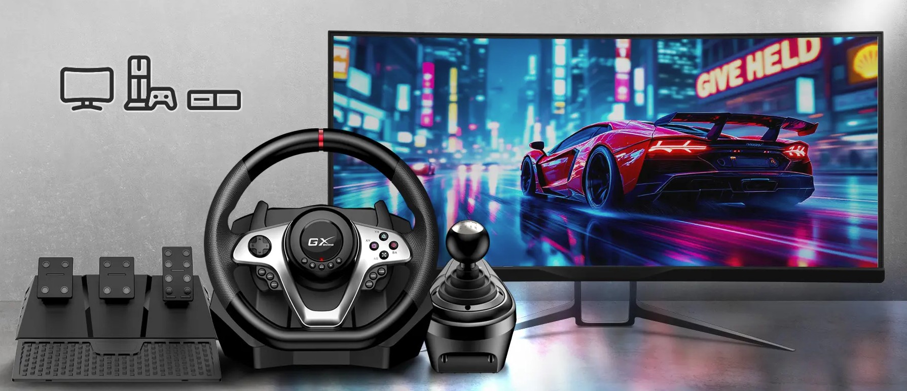 Genius Gaming Wheel Vibration-6+R Gears-3xFoot Pedals PC/PS3/PS4 SpeedMaster X1
