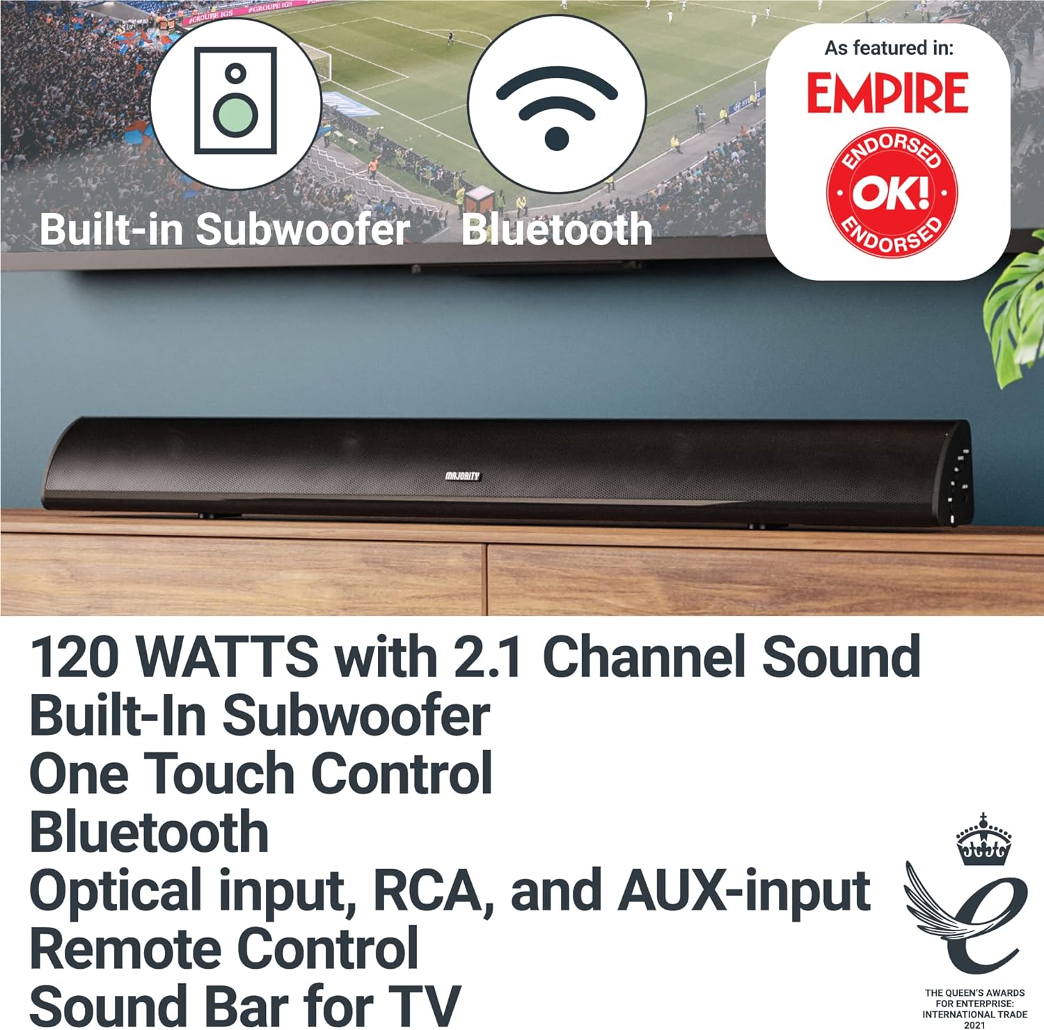 Majority SNOWDON II 2.1 Soundbar with Built In Subwoofer 120W BT & Optical Black (UK)