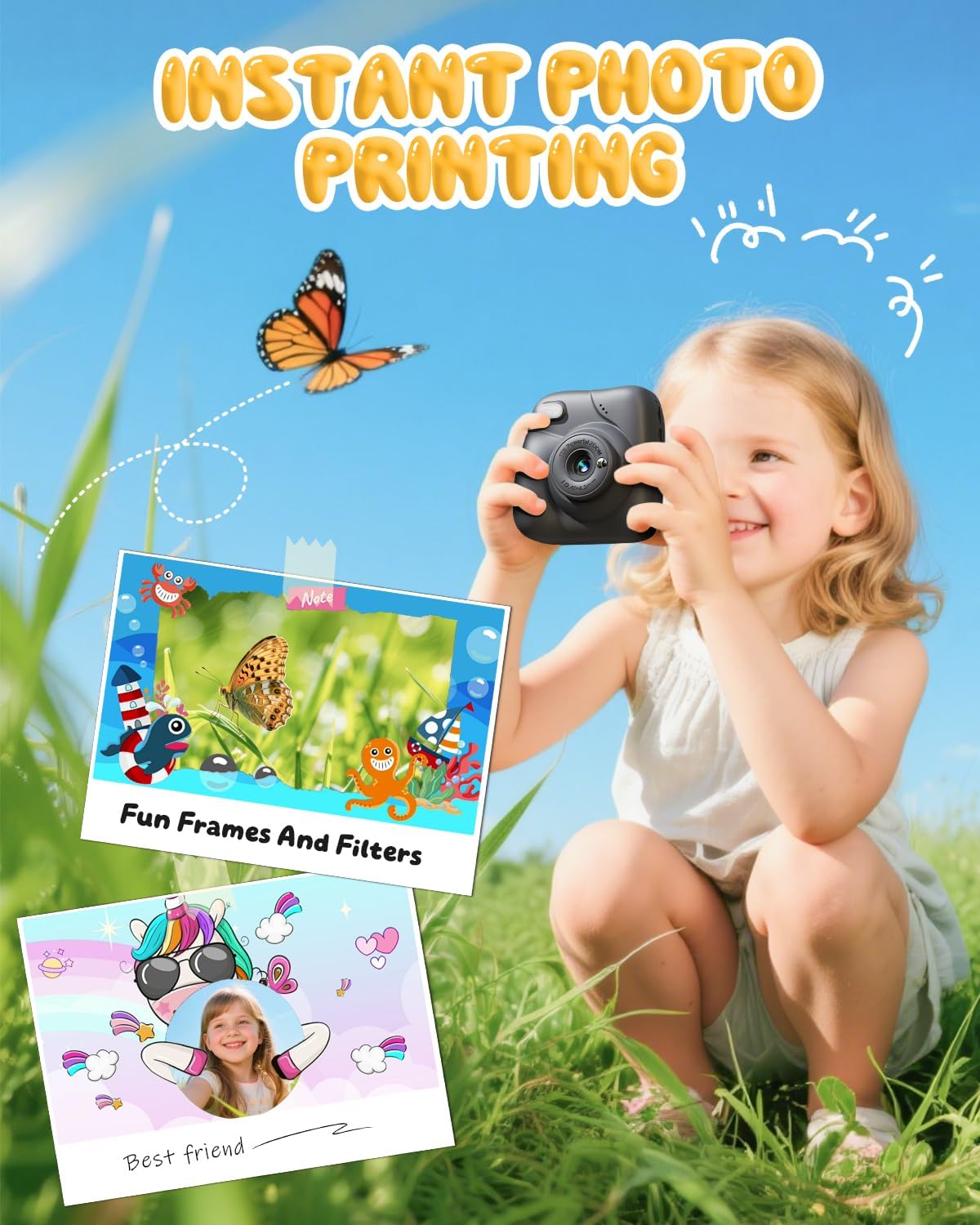 CAMCLID Children's Camera Instant Camera 1080P Instant Camera Children with 32GB Card & 3 Rolls of Printing Paper, for Boys and Girls 3-12 Years - Black