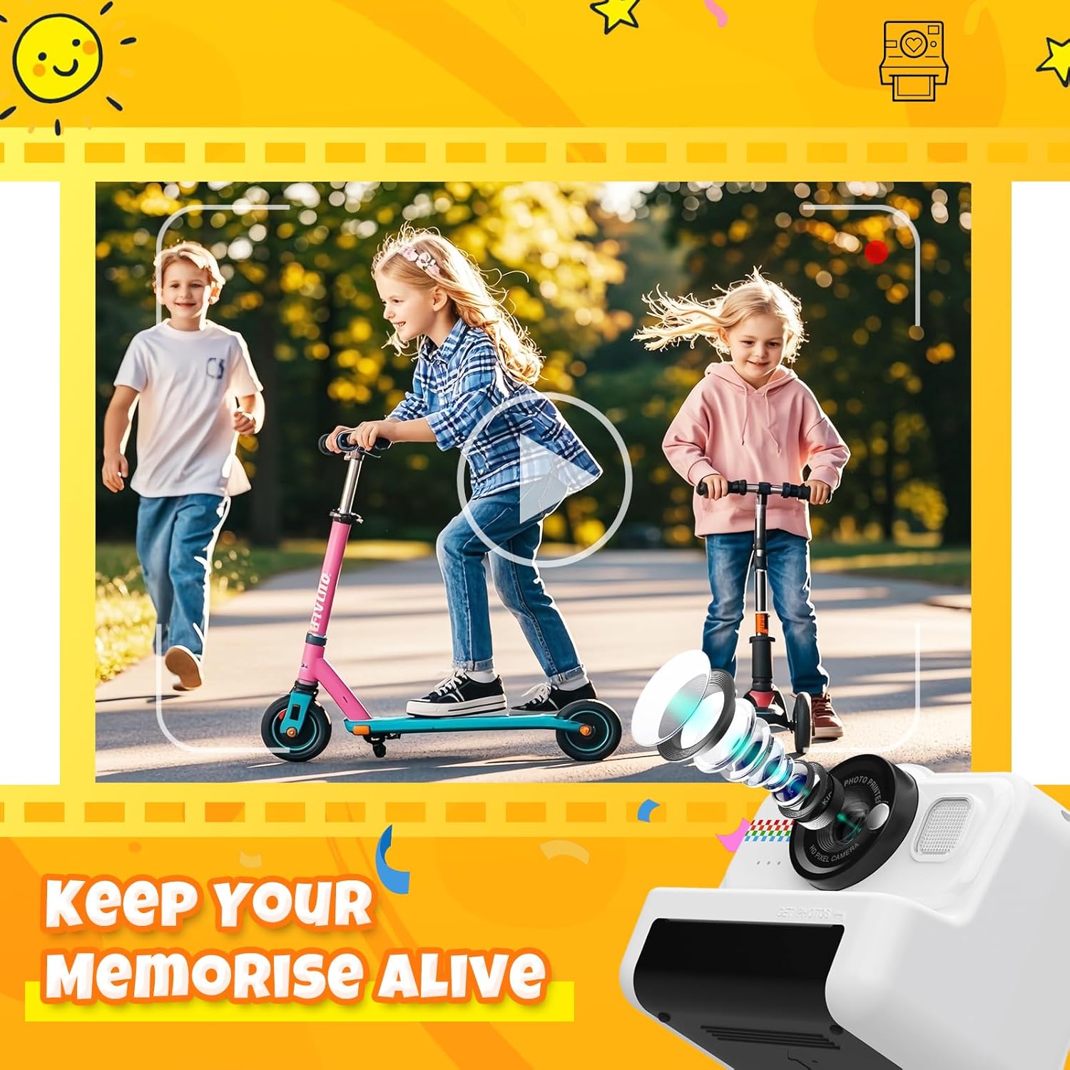 Children's Instant Camera with 32GB Card & 3 Rolls of Printing Paper - White