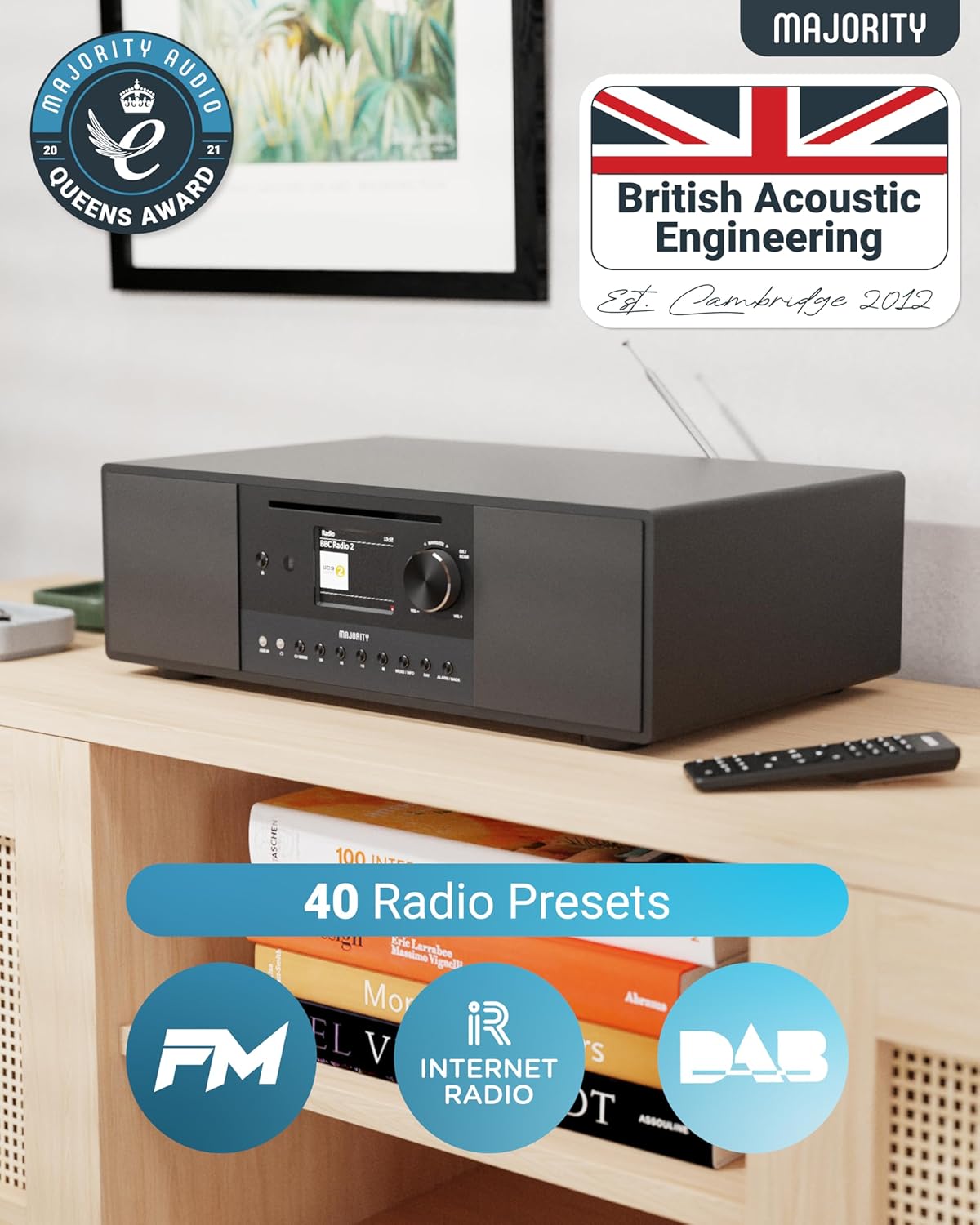 Majority QUADRIGA 2.1 Mini HiFi 120W CD-BT-USB-FM Internet-Radio 6'' Subwoofer Black