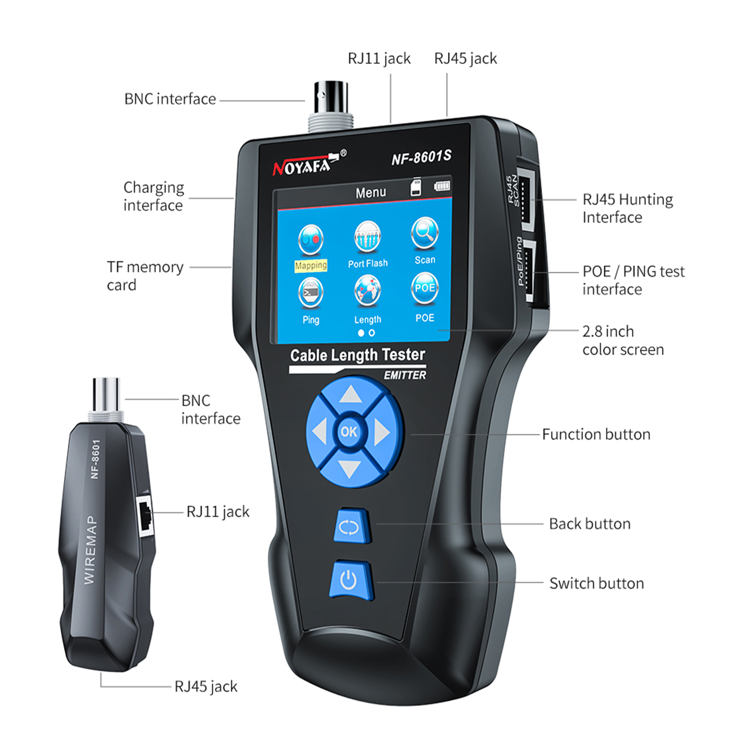 Noyafa Multi-Function Cable Tester with PoE, Ping, TDR Length Measurement, Port Flashing & NCV for RJ45, RJ11, BNC, CAT7 NF-8601S