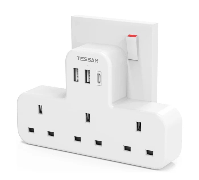Tessan 3-Gang plug Through UK Charger 2 USB A USB C 13A TS-223-C
