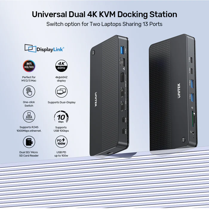 Unitek KVM Switch USB-C Dual 4K 60Hz HDMI & 100W PD (Displaylink) D1103A