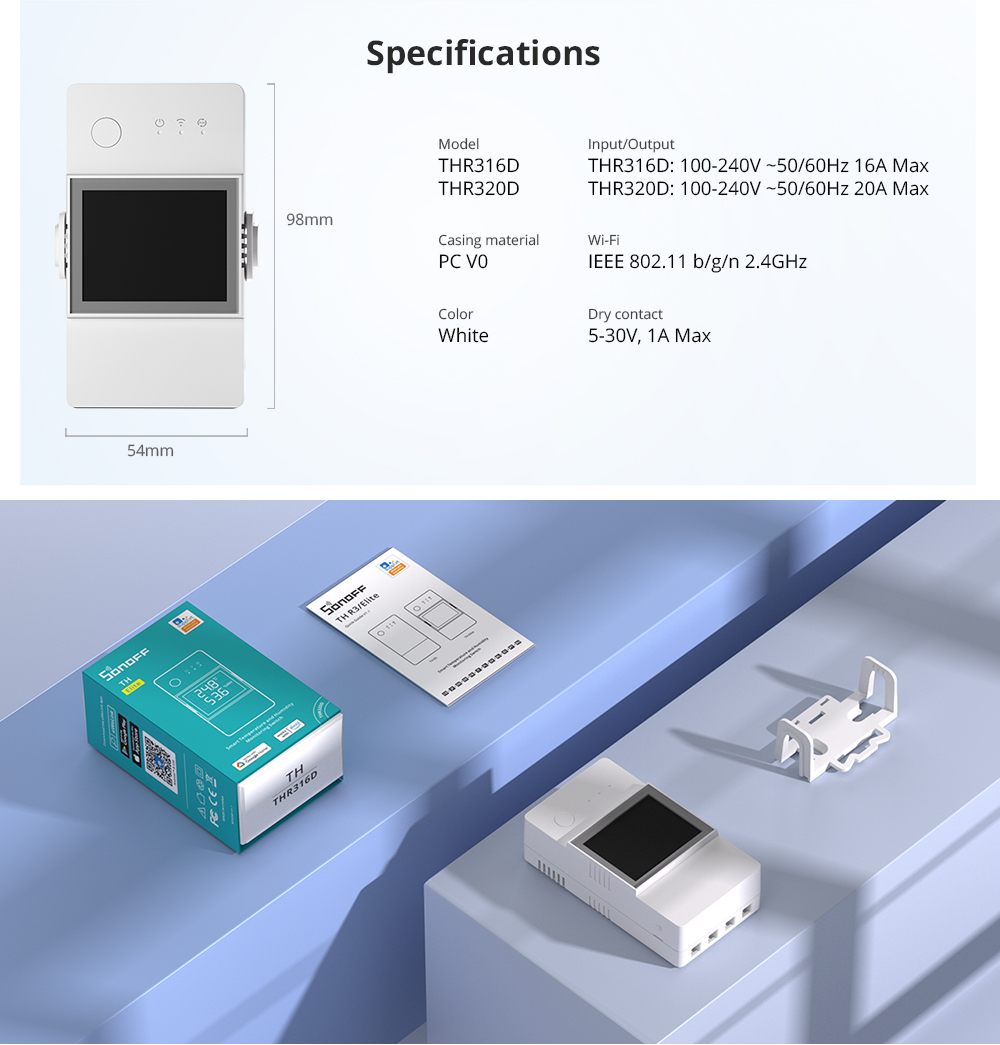 Sonoff WiFi Smart Switch TH Elite Smart Temperature and Humidity Monitoring THR320D 20A