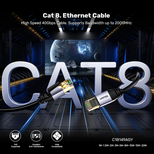 Unitek Network Patch Cable CAT8 Black 8.0m C18149A-8M