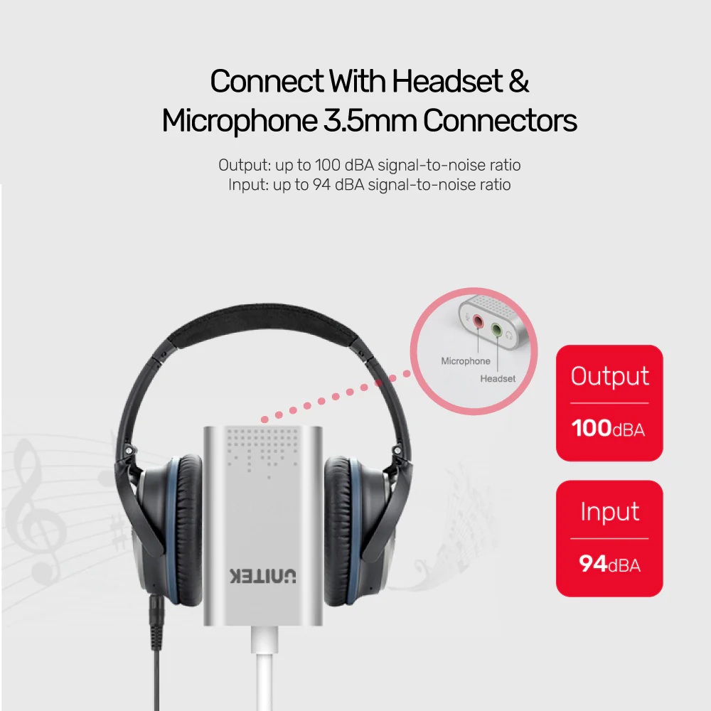 Unitek Y-247A External USB Soundcard USB-A to Stereo Audio Headset/Speaker and Microphone
