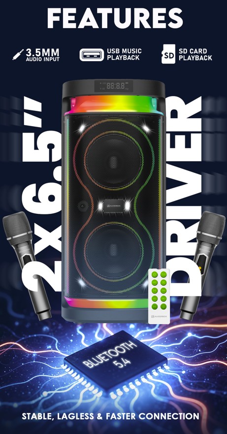 SonicGear Portable Karaoke Speaker 2 x 6.5'' BT/USB/RGB 2x Mics Audiobox BBX1300