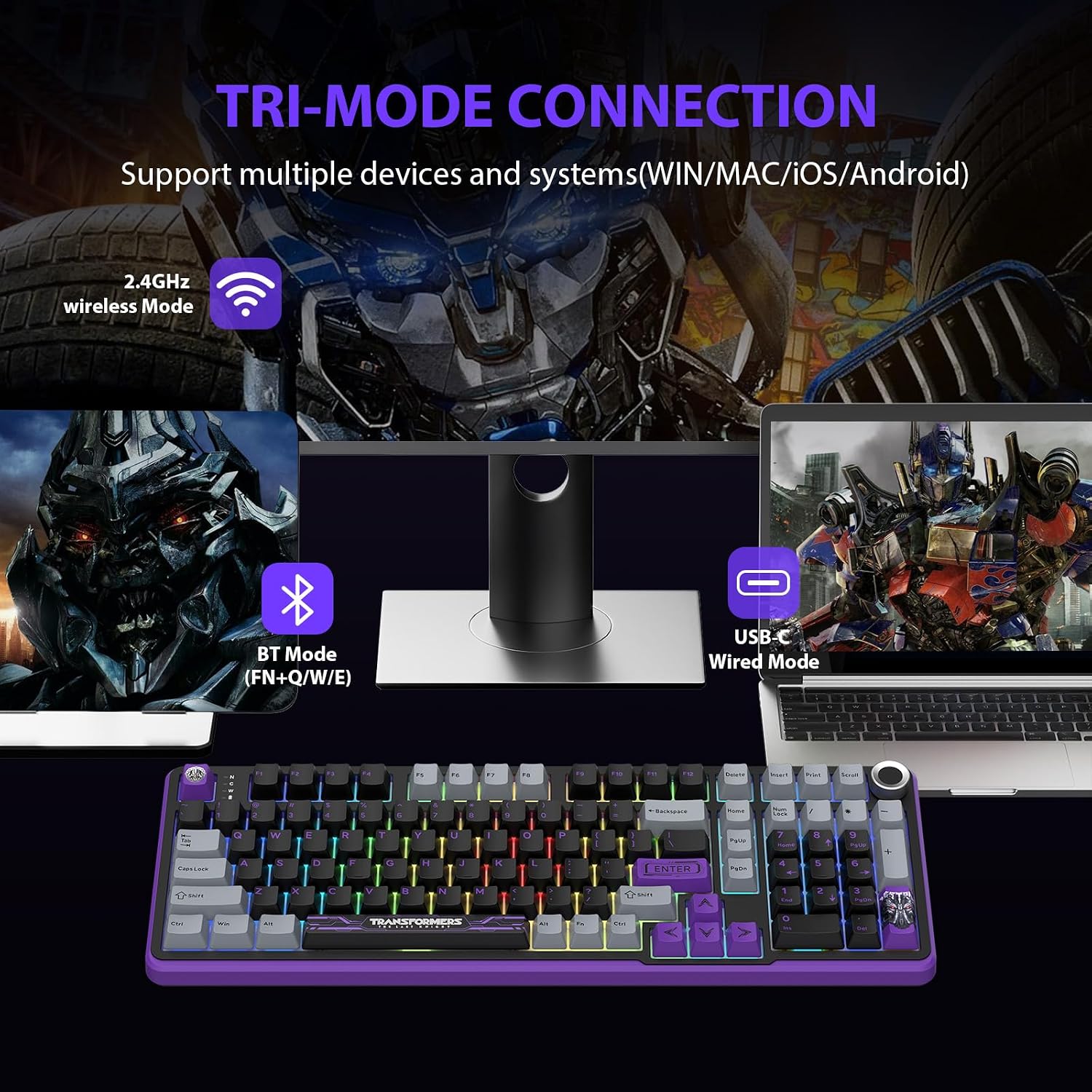 Transformers Mechanical Keyboard, Tri-Mode BT5.0/USB-C/2.4GHz, Pre-lubed Linear Switches, Hot Swappable TF-GK01 Black