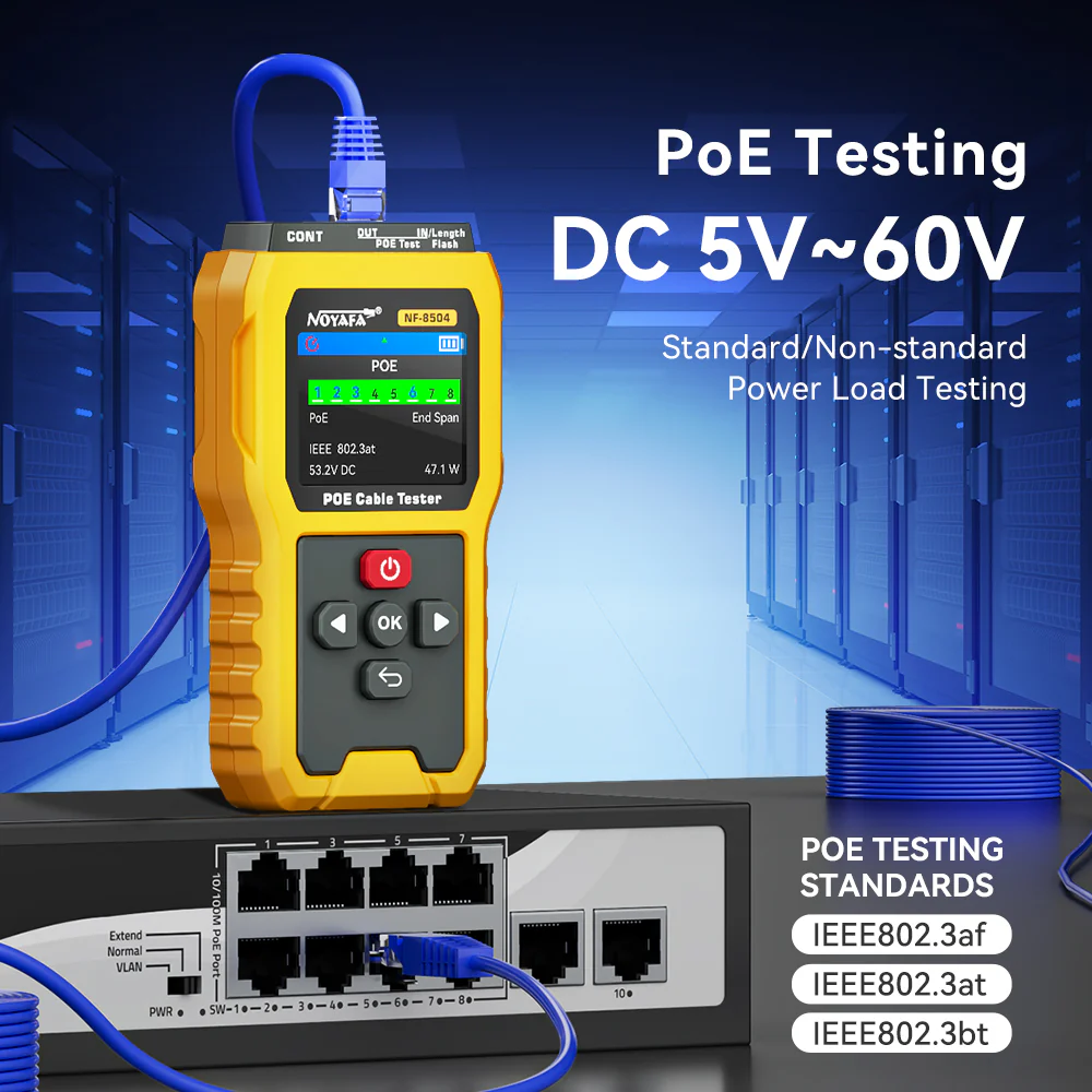 Noyafa Multi-Function Cable Tester for Continuity & Wiremap, PoE, Length Measurement, Port Flash, Color Screen & Rechargeable Battery NF-8504