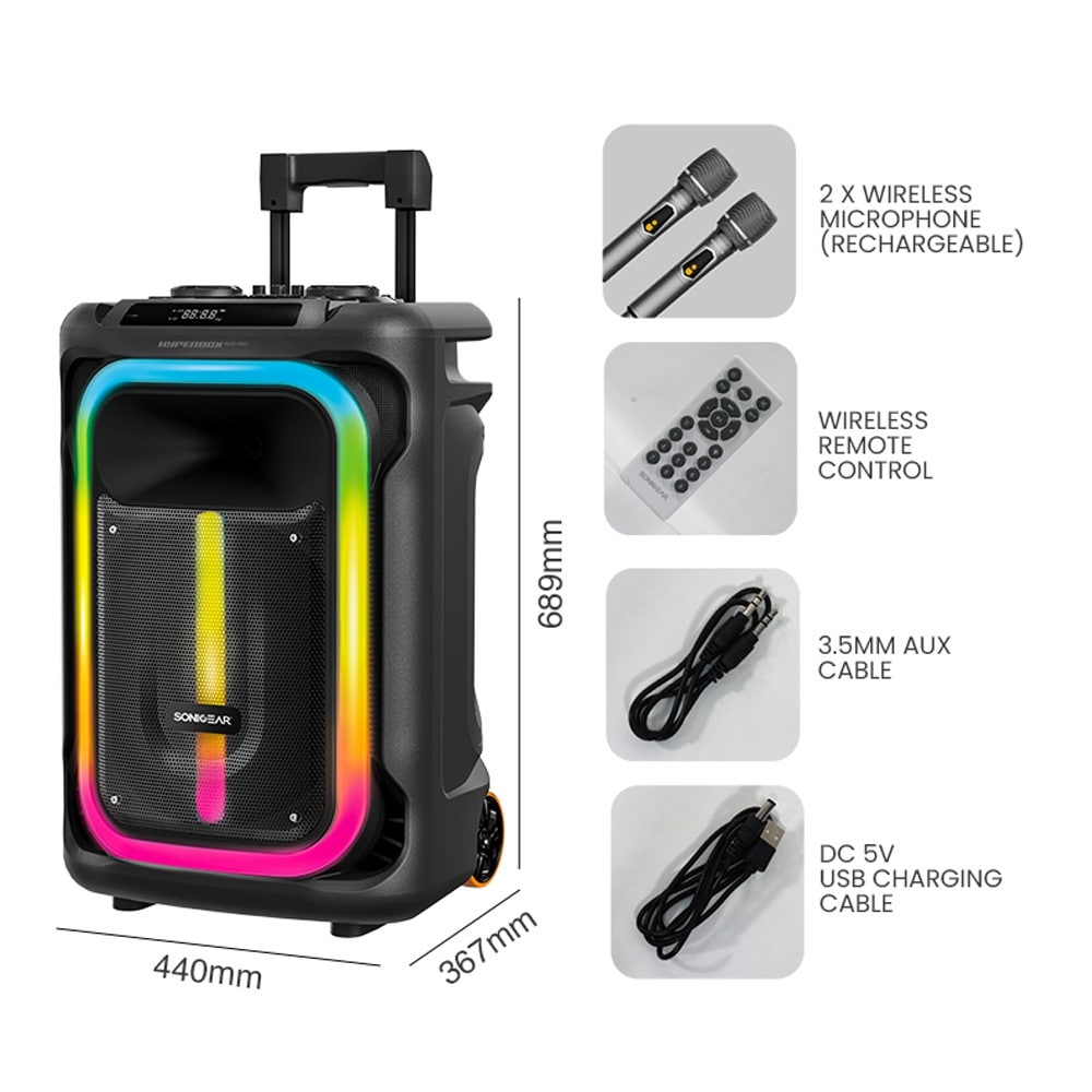 SonicGear HYPERBOX 1500 Pro 15'' Portable Karaoke Speaker 240W BT/USB 2x Wireless Mics