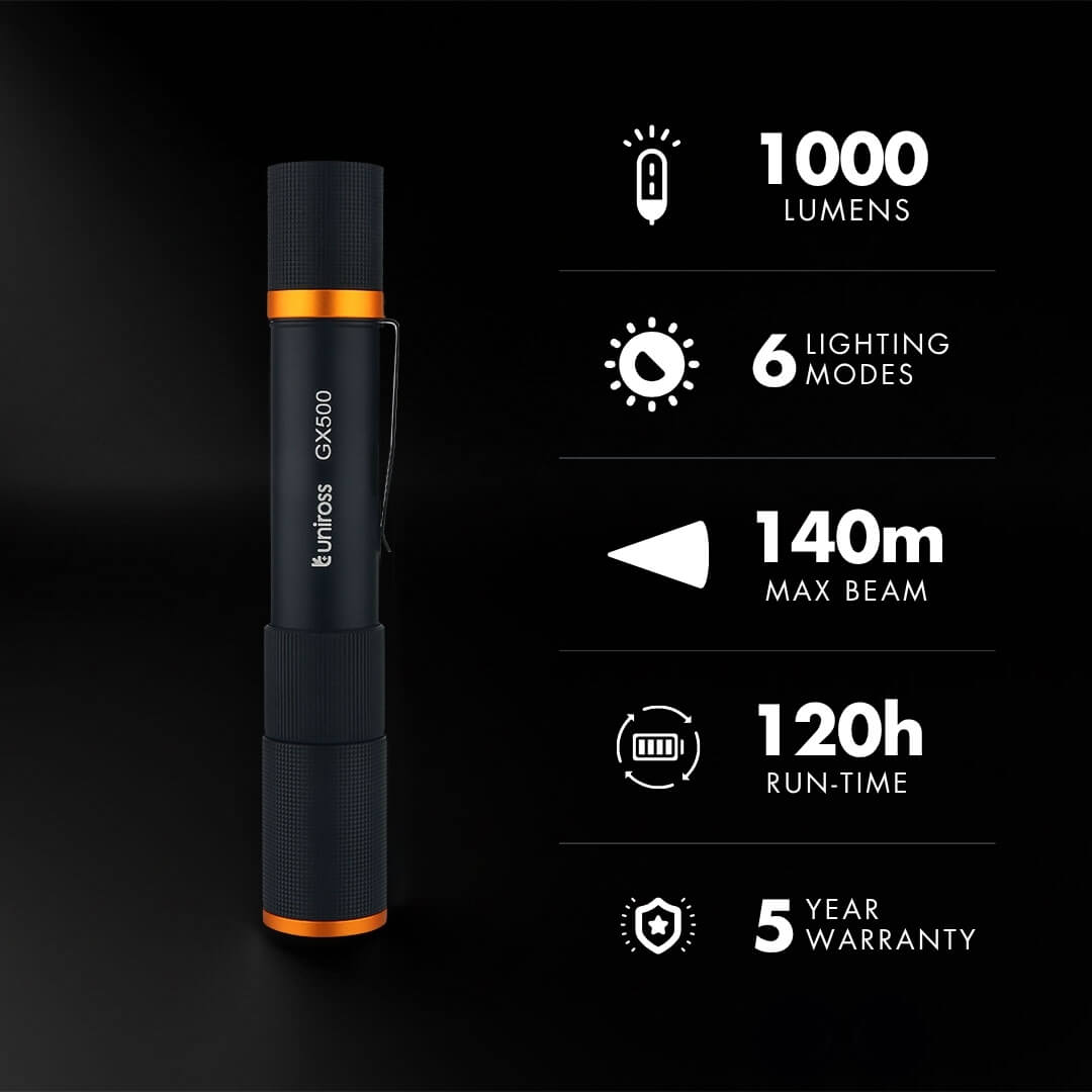 Uniross GX500 USB Rechargeable Torch IP44 Waterproof Aluminium 1000 lumens 140m Beam 120hrs Battery