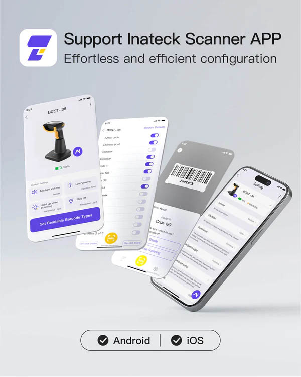 Inatech Barcode Scanner CMOS 1D/2D Wireless 2.4GHz/Bluetooth USB-A 2600mAh Charging Base AI BCST-36 Black