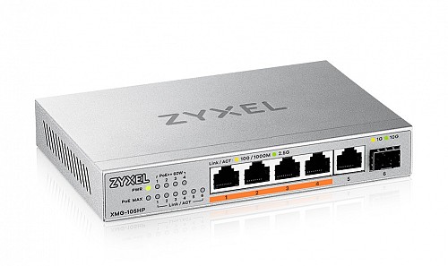 Zyxel 5-Port 2.5G Multi-Gigabit PoE Switch, 4 PoE + 10G SFP+ XMG-105HP