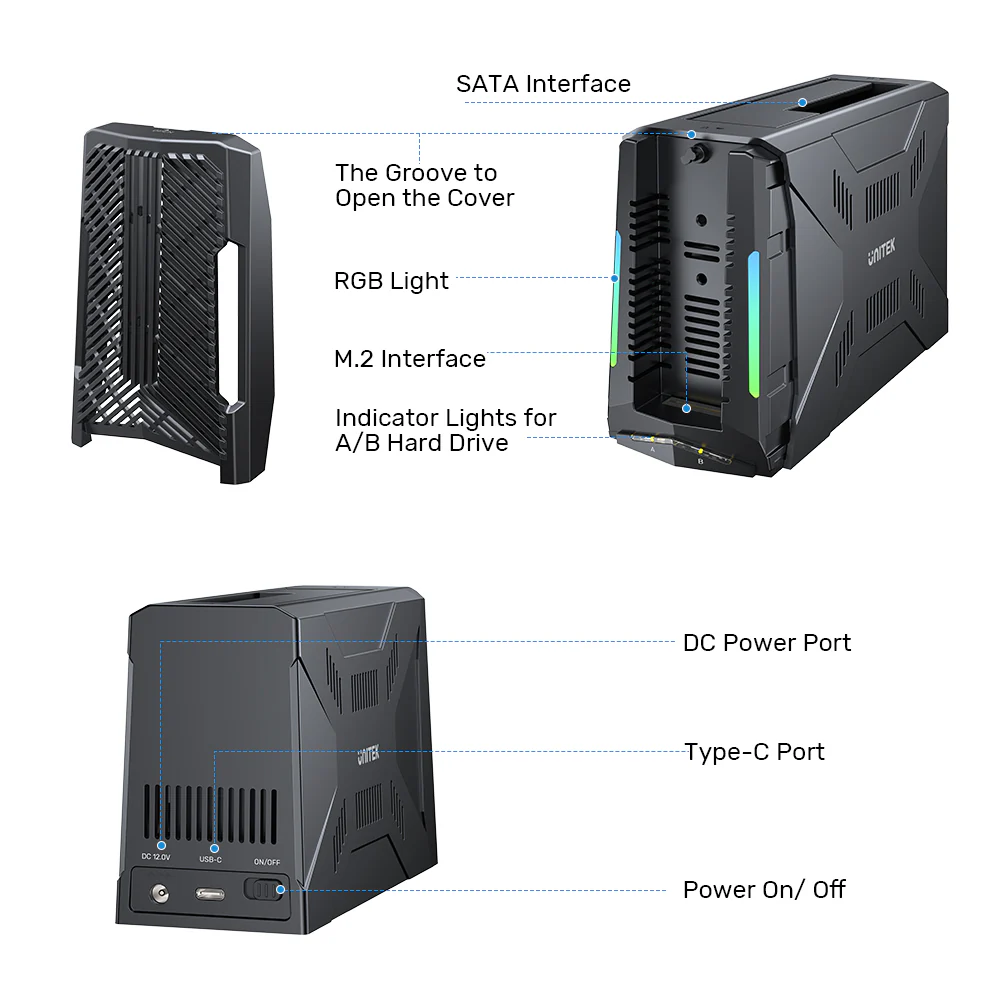Unitek USB-C NVME/PCIe/SATA/HDD 10Gbps RGB Docking Station S1234B