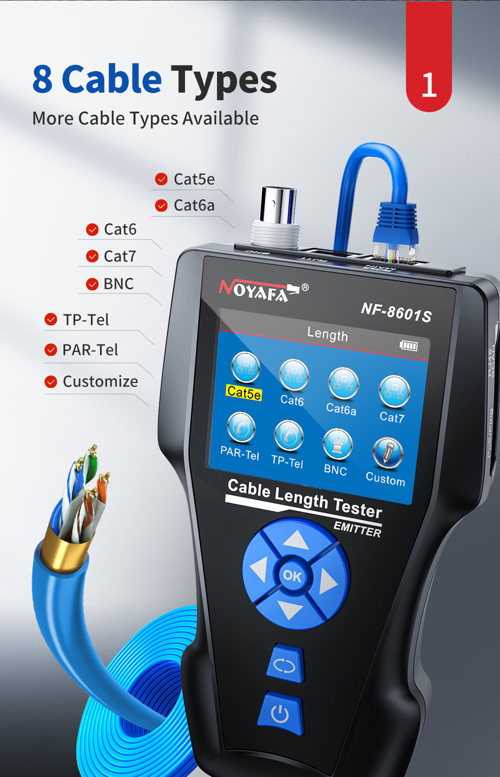 Noyafa Multi-Function Cable Tester with PoE, Ping, TDR Length Measurement, Port Flashing & NCV for RJ45, RJ11, BNC, CAT7 NF-8601S