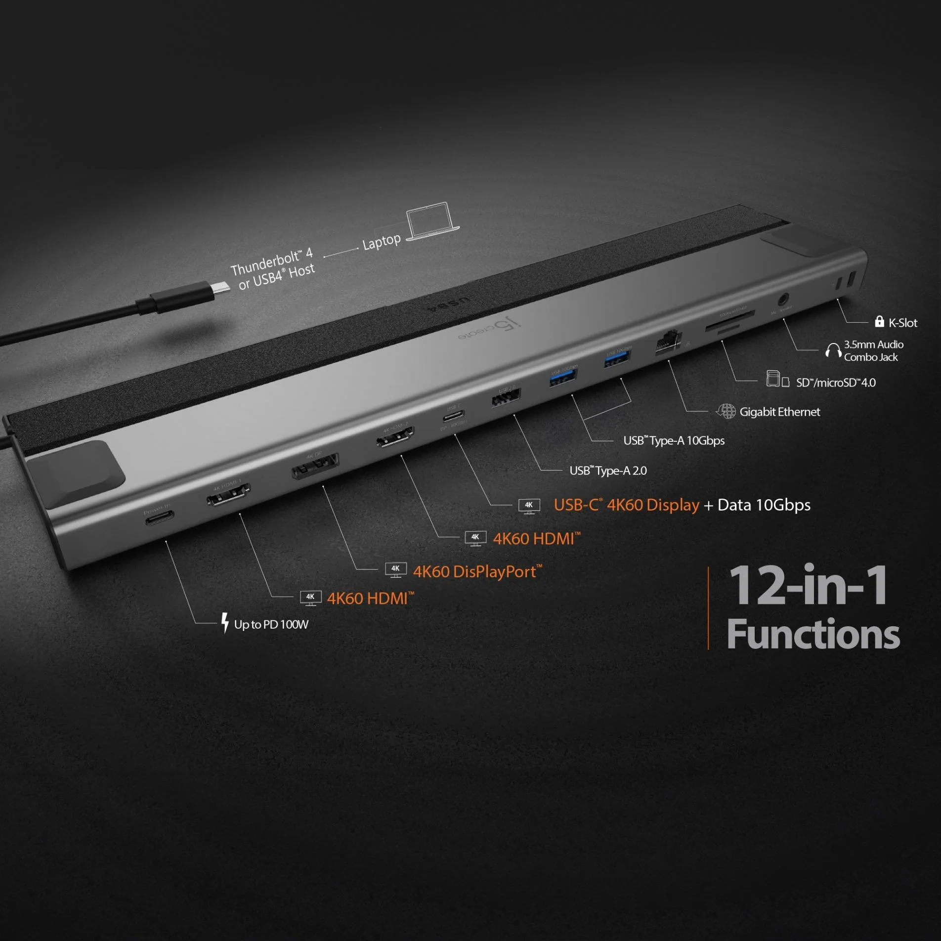 j5create Docking Station USB-C 12-in-1 Triple Display 4K MST MacBookM3 HDMI/DP/USB-C/RJ45/SD/Audio/PD JCD554