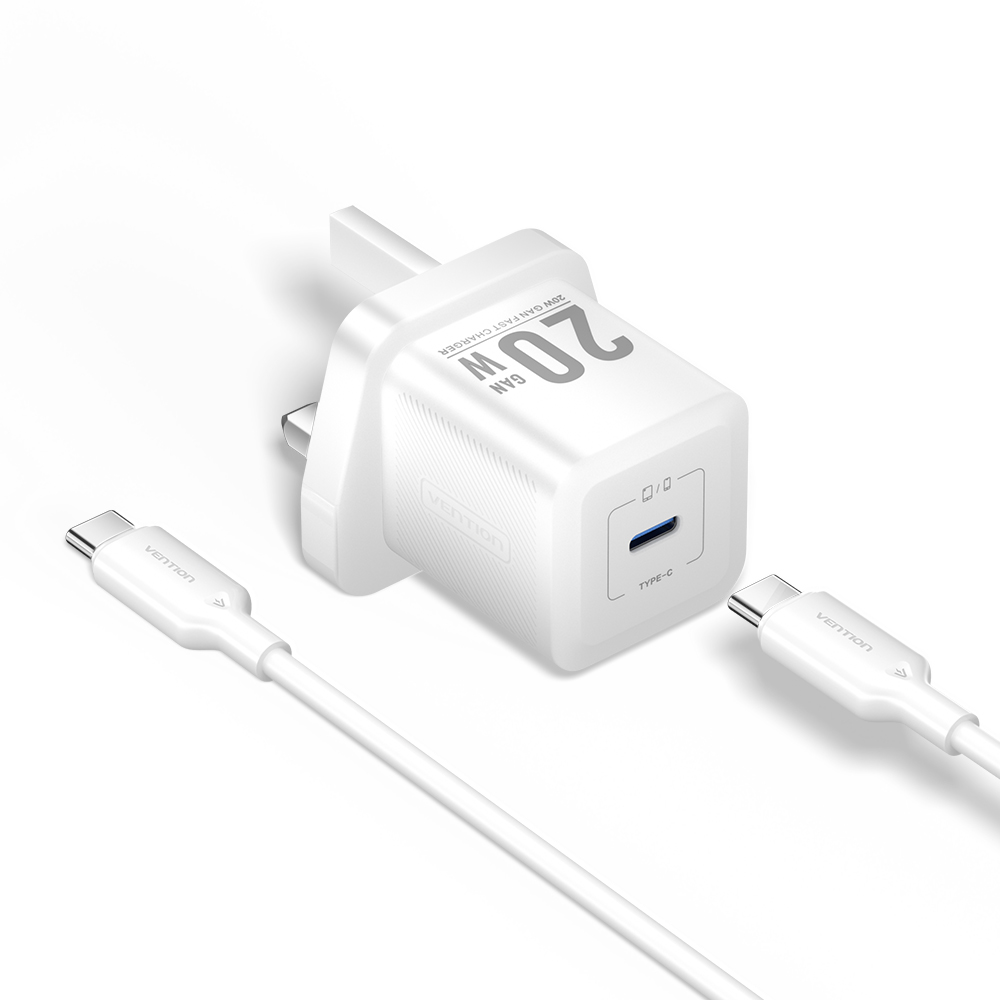 Vention Charger Wall GaN 20W 1xUSBC UK + USB-C 1m Cable White FEPW0-UK-01