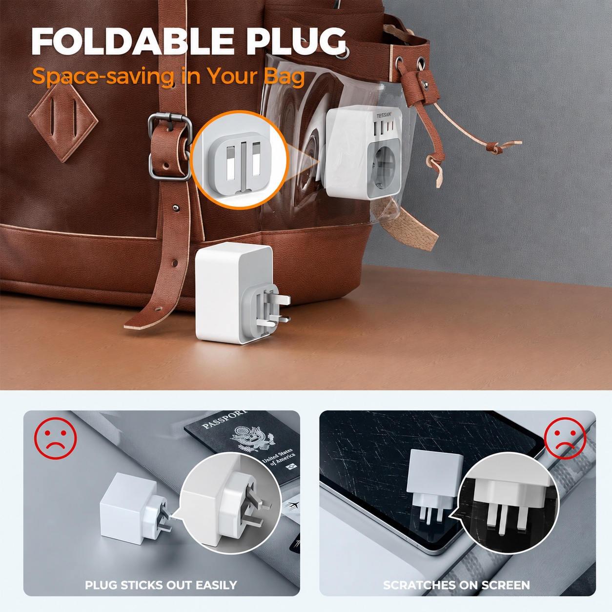 Tessan AC Plug Through 1-Gang 13A Schuko to UK Adaptor & 2xA 1xC 15W TS-TA03DEUK