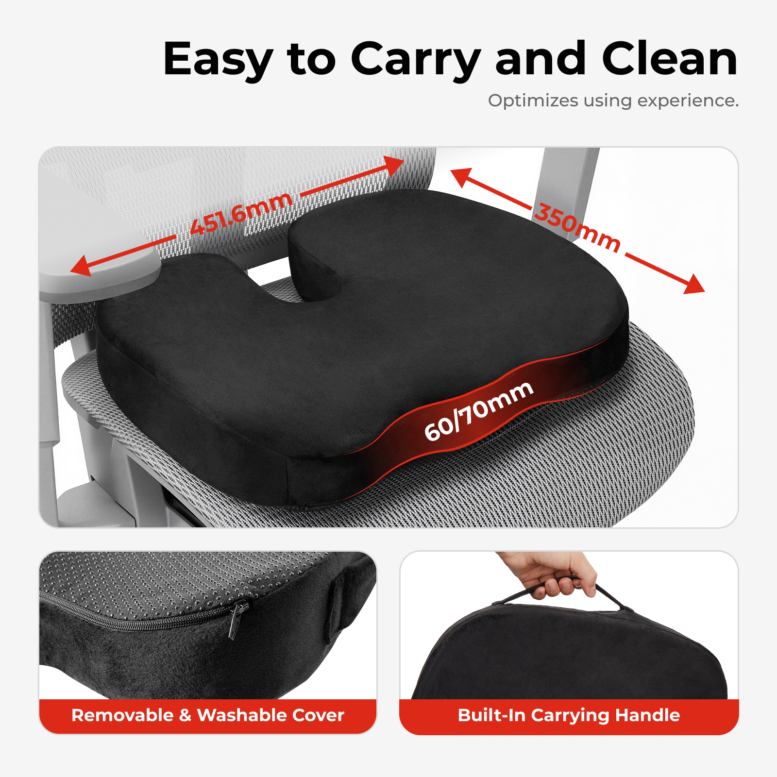 Lumivida Ergonomic Seat Cushion for Coccyx Orthopedic with Memory Foam & Carry Handle RSC01-2