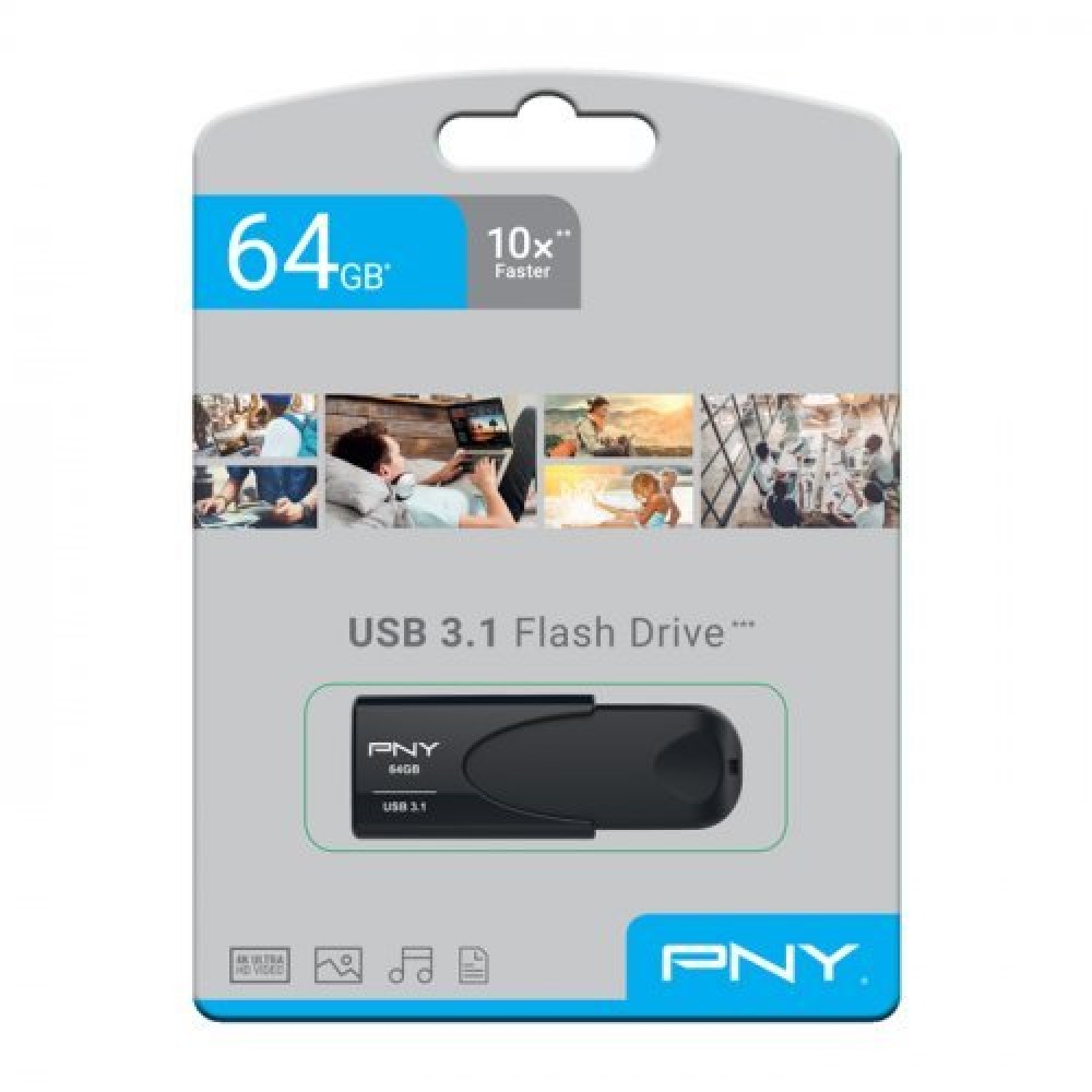 PNY Flash Drive Attache 4 USB 3.1 Stick 64GB Capless Slider Black FD64GATT431KK