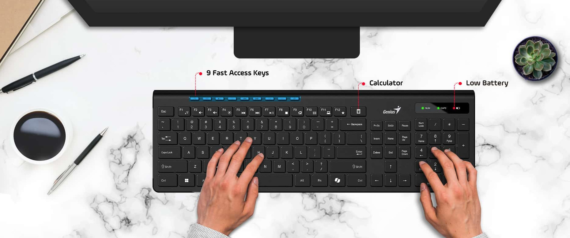 Genius Keyboard Wireless AI Chocolate Keys + 8 Hot Keys SlimStar 7230 English