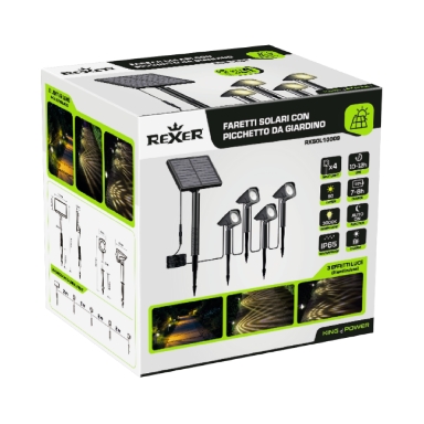REXER Outdoor Kit 4x IP65 LED Solar Spotlights with Spike & Panel
