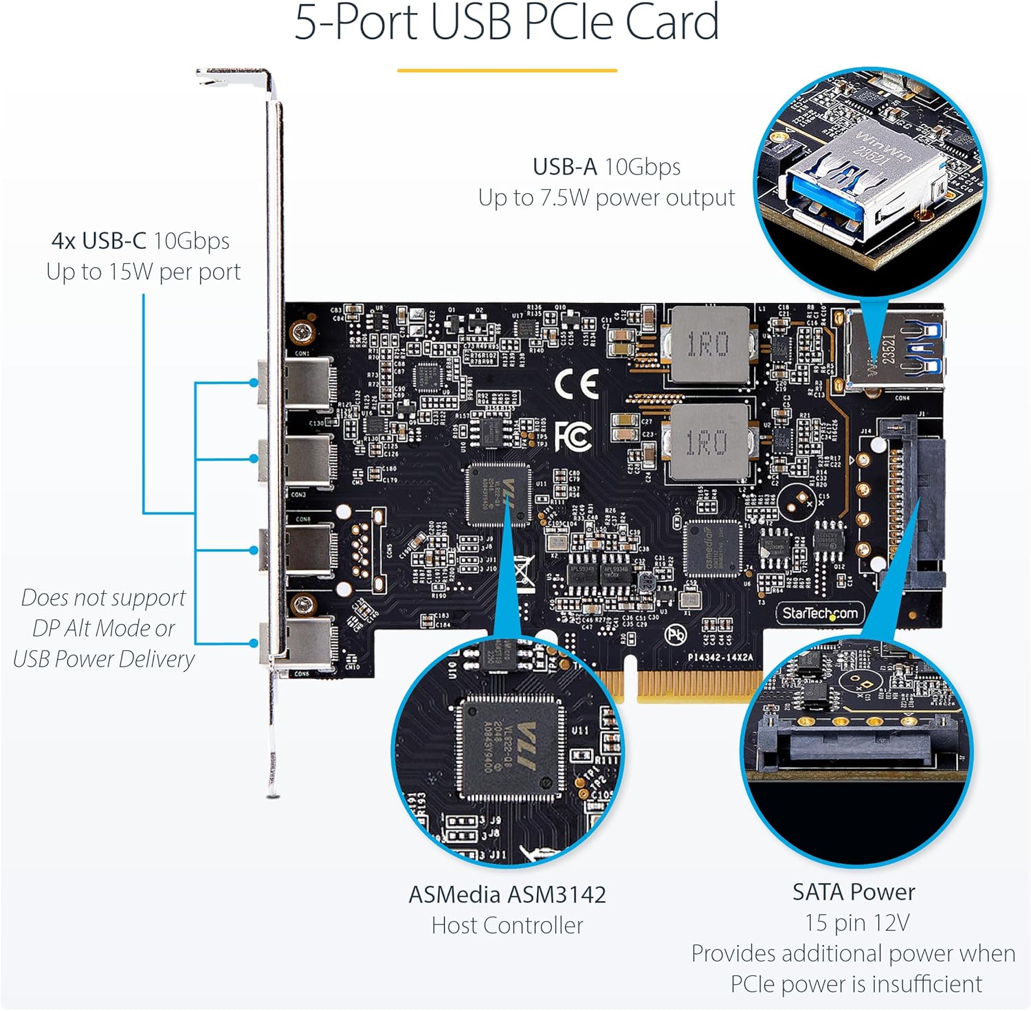 StarTech 5-Port USB PCIe Card, USB 3.2 10Gbps, PCI Express Card with 4X USB-C Ports, 1x USB-A Internal Port