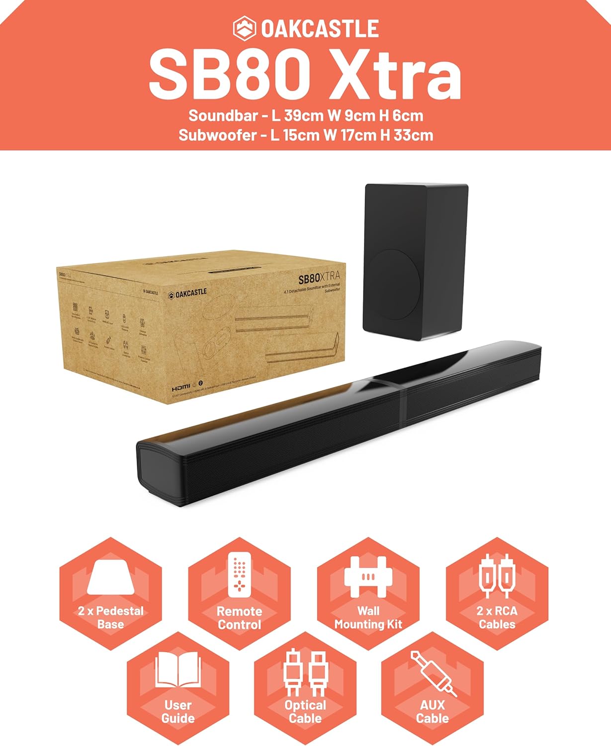 Majority Soundbar SB80 XTRA Split 2in1 Bar/Speakers 200W 2.1 with Sub,BT,HDMI,USB (Oakcastle)