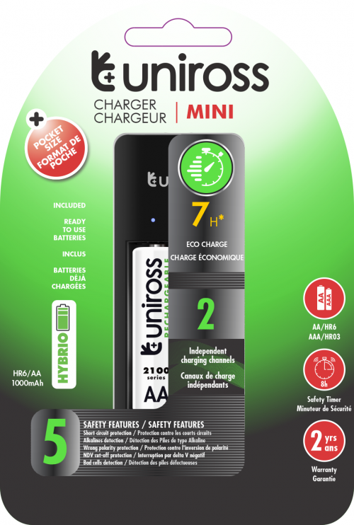 Uniross UCU001 USB Compact Mini Charger with 2x AA 1000 Batteries