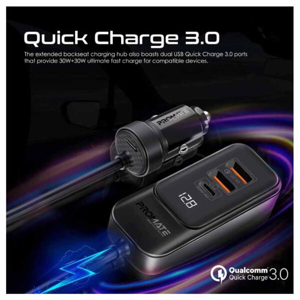 GEARHUB-120W RAPID CAR CHARGER 120W W/MULTI-PORT 1.5m BACKSEAT HUB BLACK PROMATE
