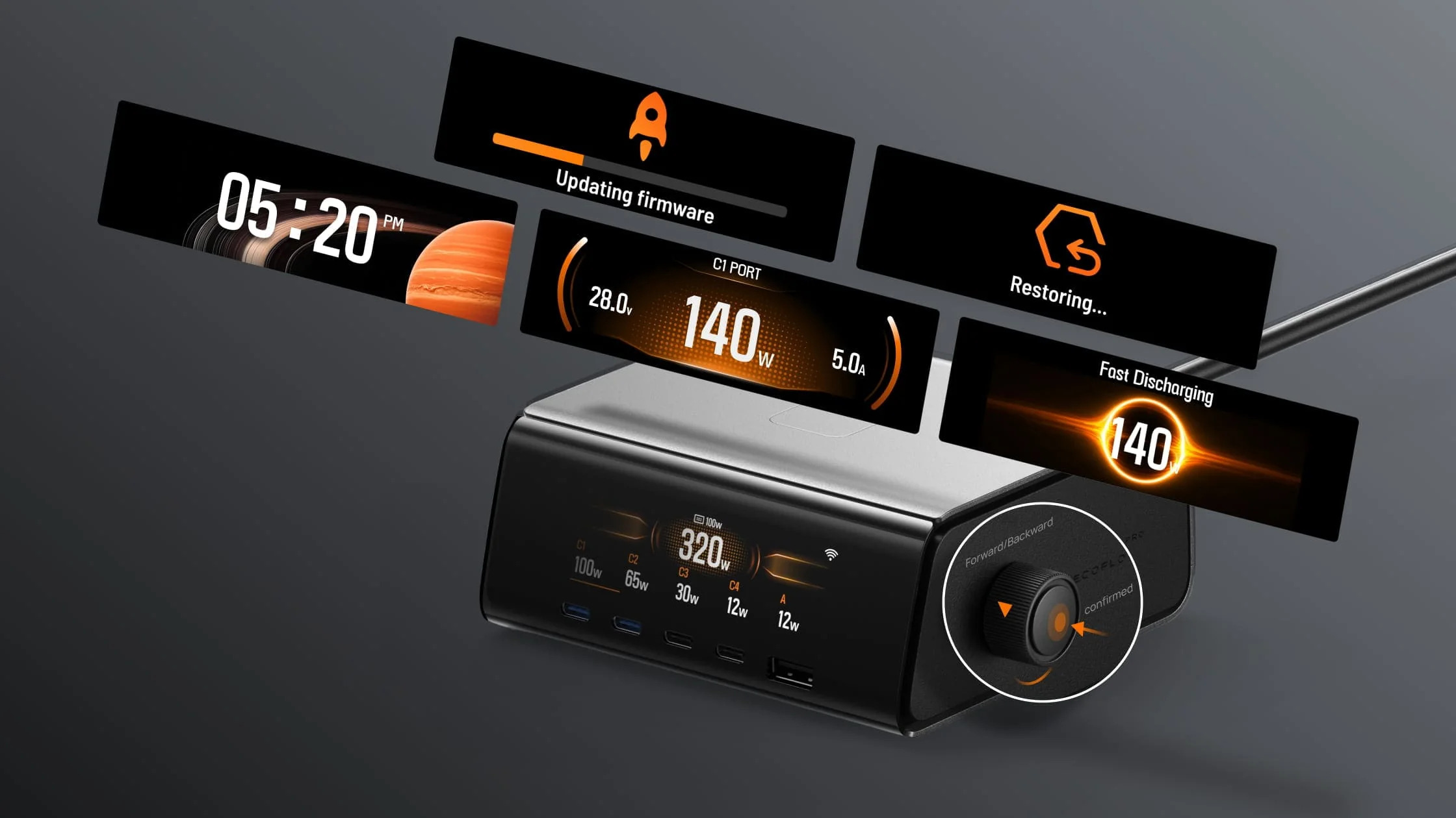 EcoFlow RAPID Pro Desktop Charger 320W - Can Charge 6 devices at once including RAPID Pro Powerbanks in 20mins - LCD Display & APP Control