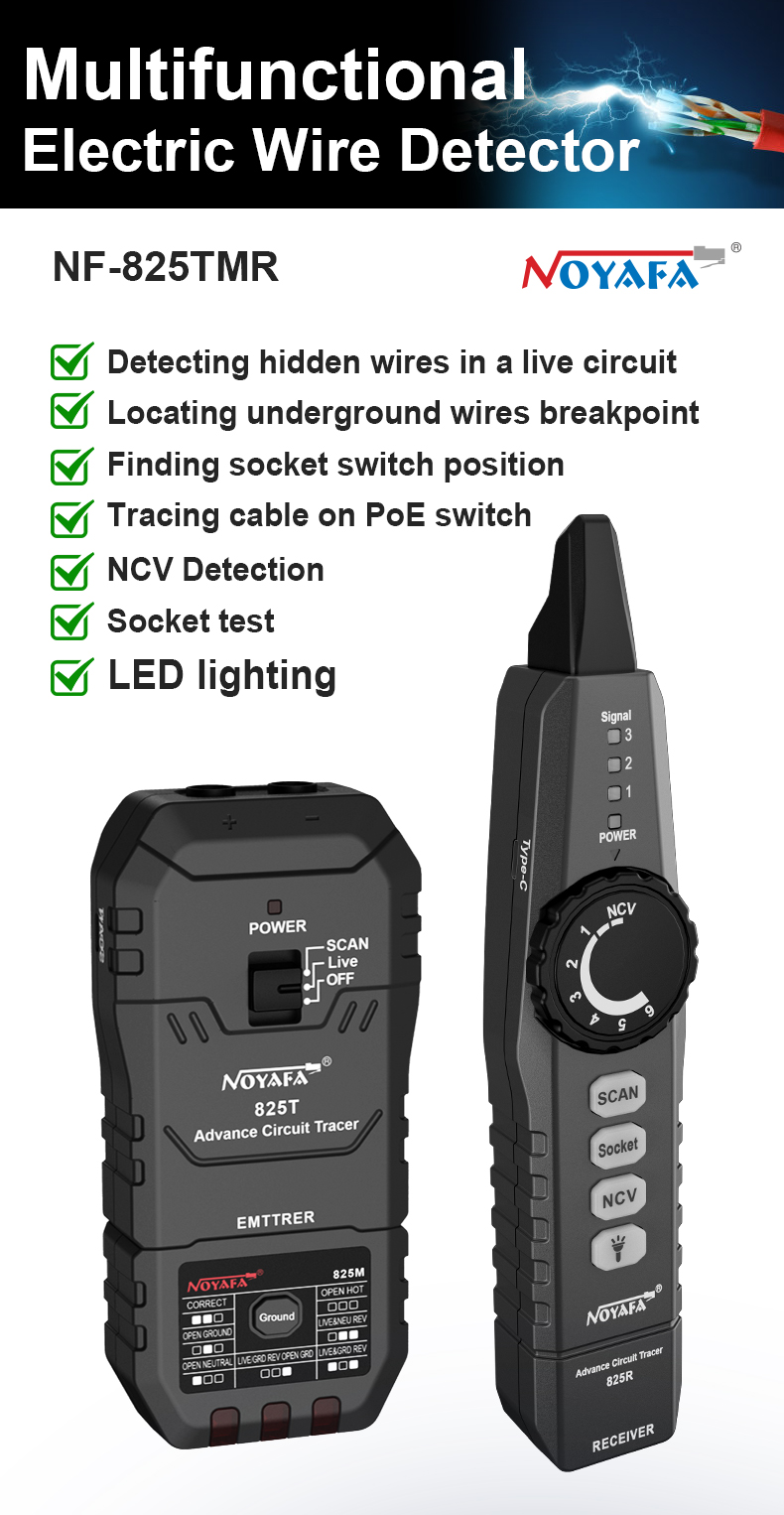 Noyafa Circuit Tracer & Breaker Finder with GFCI Tester, RJ45 Tracing, NCV & Adjustable Sensitivity NF-825TMR