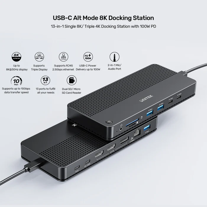 Unitek D1104A USB-C 13in1 8K Triple Display Docking Station USB3.2 & 2.5G Lan