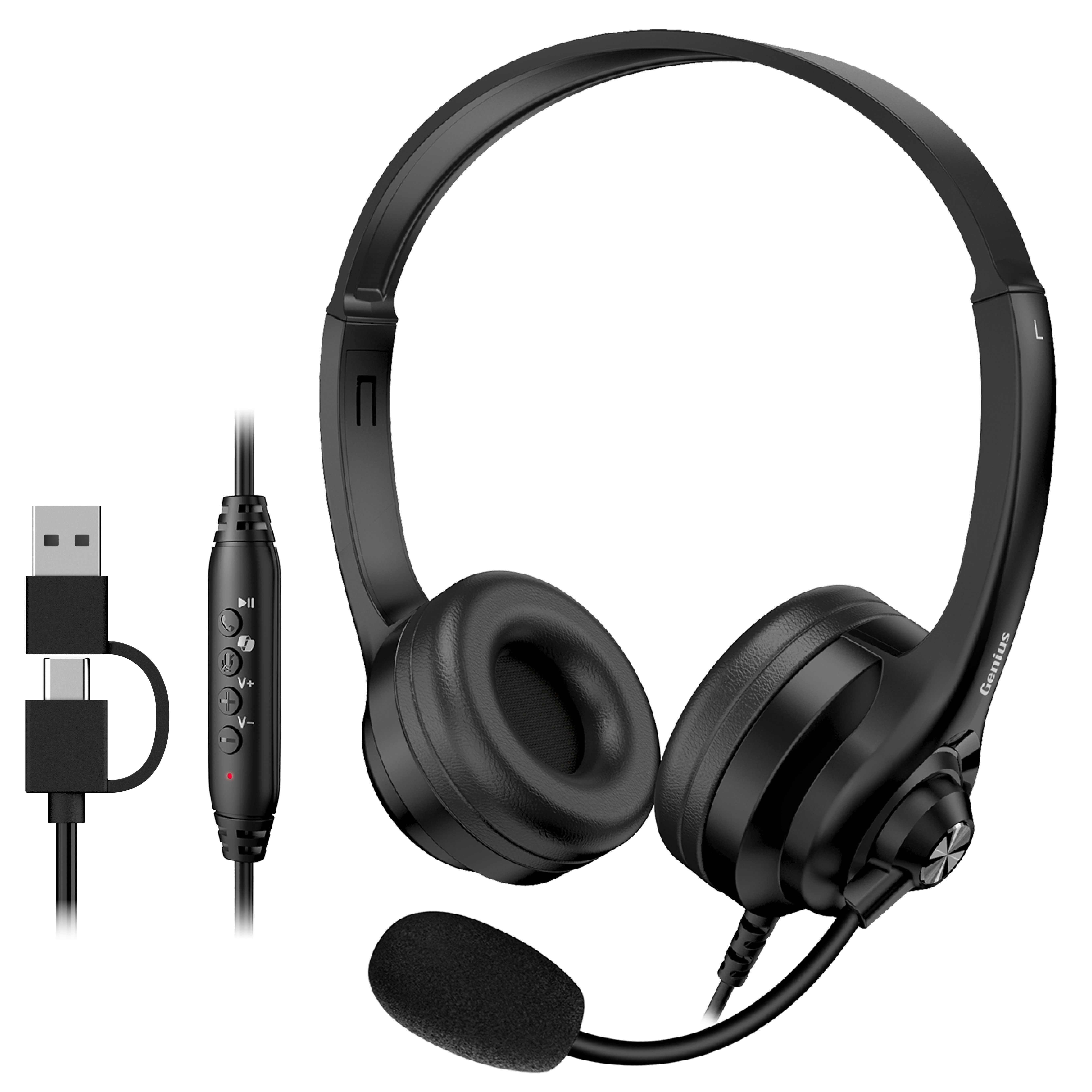Genius PC Headset USB-A+C InLine Control & Ultra Soft Foam Cushions HS-235U AI