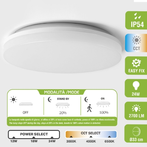 GBC ON LED GEMINI Round Ceiling Lamp 33cm IP54 Motion Sensor & Courtesy Light