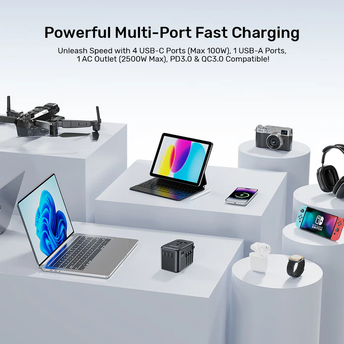 Unitek World Travel Adapter & 100W Charger EU/UK/US 4xUSBC+1xUSBA P1123ABK