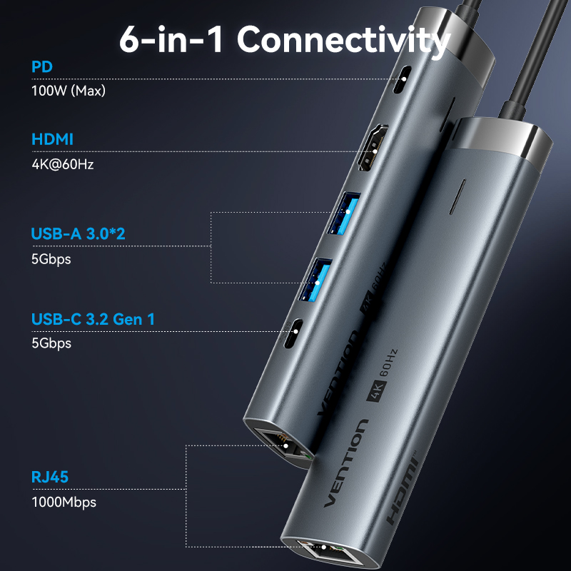 Vention HUB USB-C 1xUSB-C 3.2/2xUSB3.0/HDMI 4K60Hz/Gb/PD TGNHB