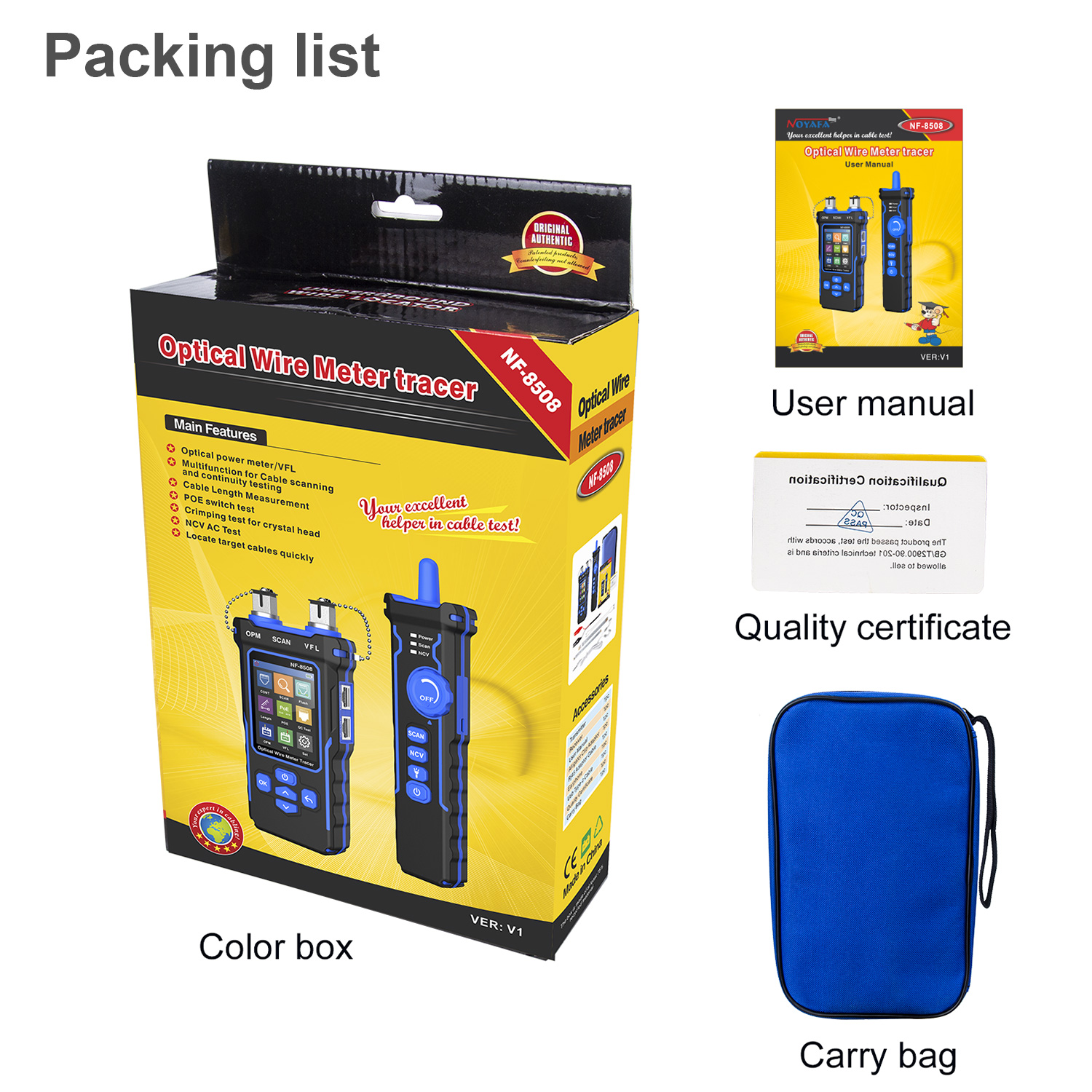 Noyafa Multi-Function Cable Tester with RJ11/RJ45, PoE, Fiber Optic OPM/VFL, NCV & Cable Length Measurement NF-8508