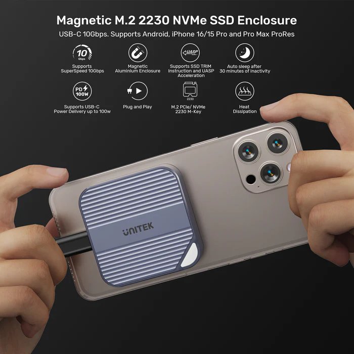 Unitek USB-C NVME/PCIe M2 2230 Magnetic SSD Enclosure 10Gbps PD100W S1244A